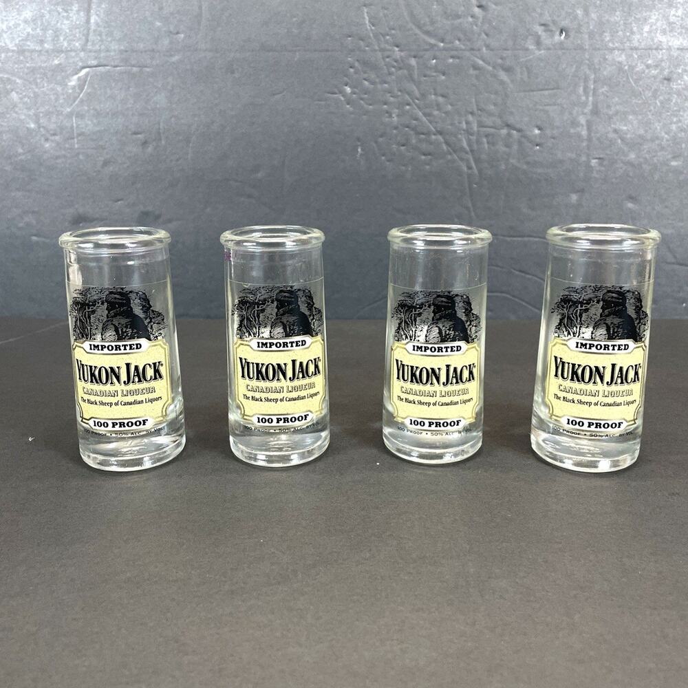 4 Yukon Jack 100 Proof Tall Shot Glasses Canadian Liqueur The Black Sheep 50 ml